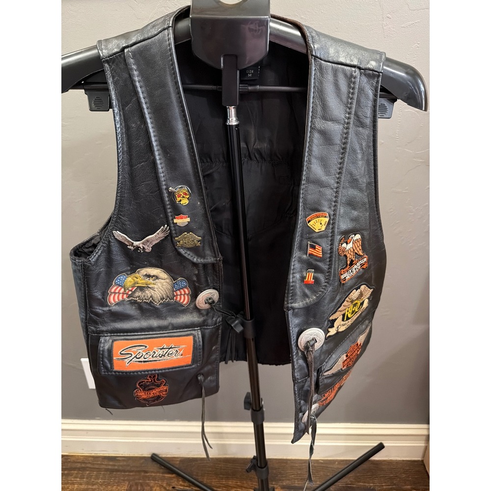 VTG 80s 90s Harley Davidson Biker Cut Leather Vest Steer Brand Pins Patches M
